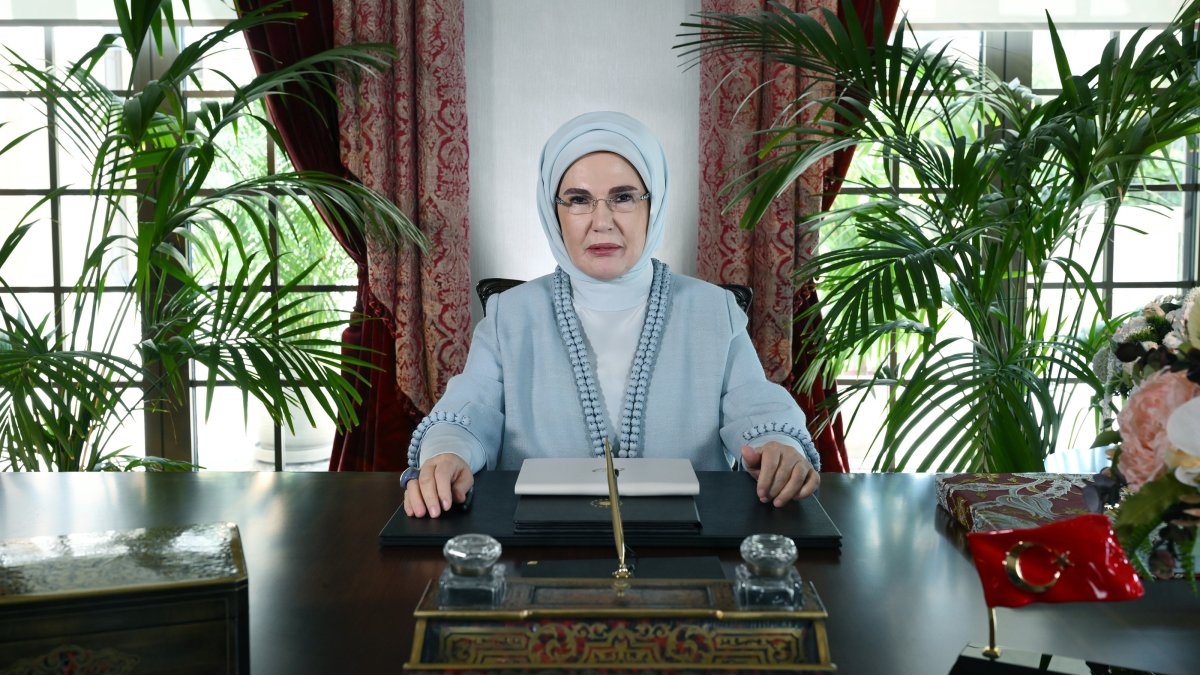 First lady Emine Erdoğan delivers a speech via video message at a summit, Kyiv, Ukraine, Aug. 25, 2026. (AA Photo)