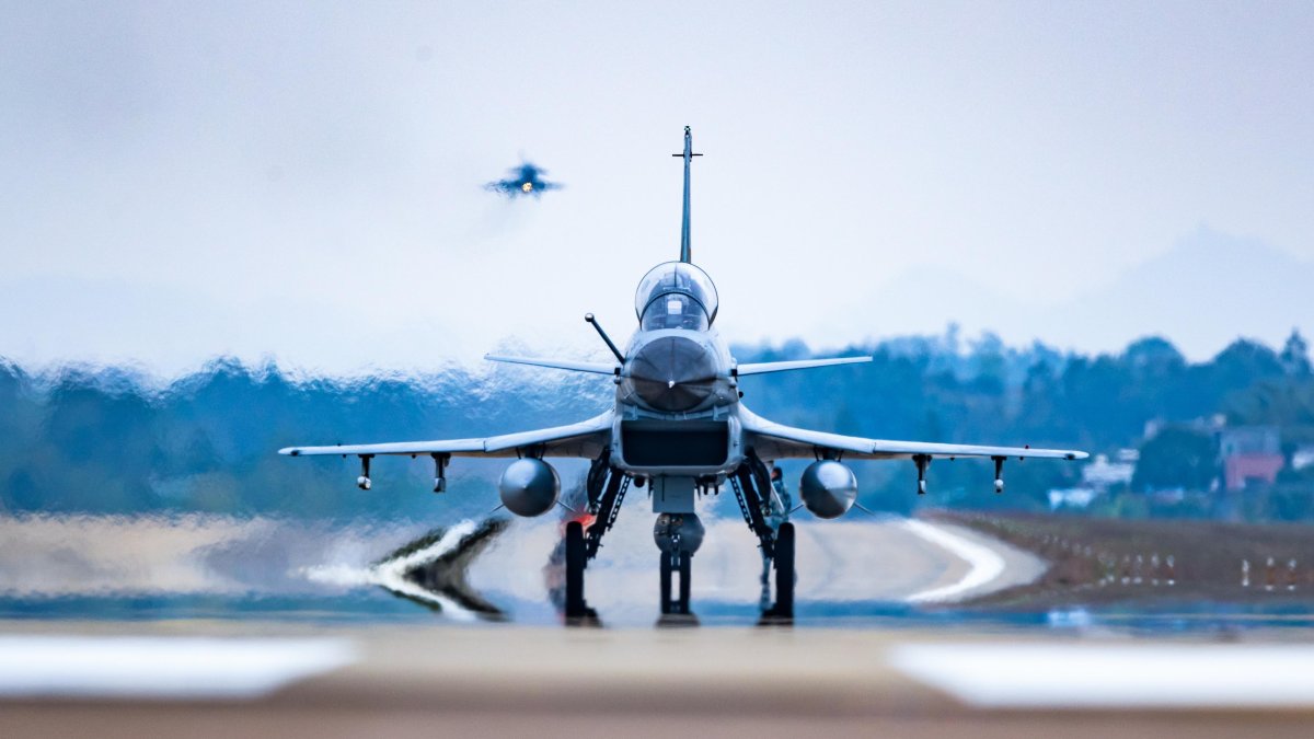 A J-10 series fighter jet prepares for take off in Chengdu, Sichuan Province, China, May 7, 2026. (Getty Images Photo)
