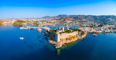 The Bodrum Castle of St. Peter and marina aerial panoramic view of the city, Bodrum, Türkiye.
