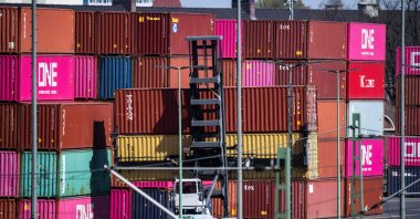 A container lifter handles containers at Westhafen container terminal, Berlin, Germany, April 10, 2025. (AFP Photo)