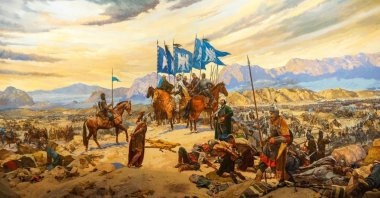 A panoramic painting depicting the Battle of Manzikert, painted by Alexander M. Samsonov in 2009, Istanbul Military Museum, Istanbul, Türkiye, May 16, 2024. (Shutterstock Photo)