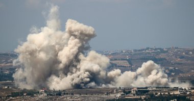 Clouds of smoke rise from the site of an Israeli controlled explosion in the village of Kfartibnit, Marjayoun, southern Lebanon, Aug. 24, 2026. (AFP Photo)