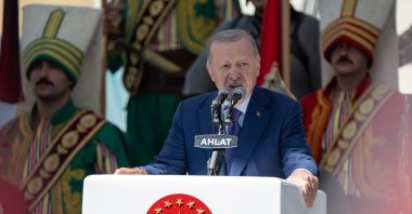 President Recep Tayyip Erdoğan delivers a speech during a program marking the 955th anniversary of the Manzikert victory in Ahlat, Bitlis, Türkiye, Aug. 25, 2026. (AA Photo)