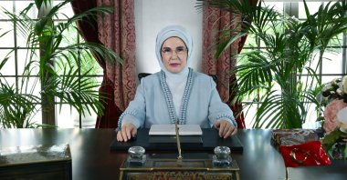 First lady Emine Erdoğan delivers a speech via video message at a summit, Kyiv, Ukraine, Aug. 25, 2026. (AA Photo)
