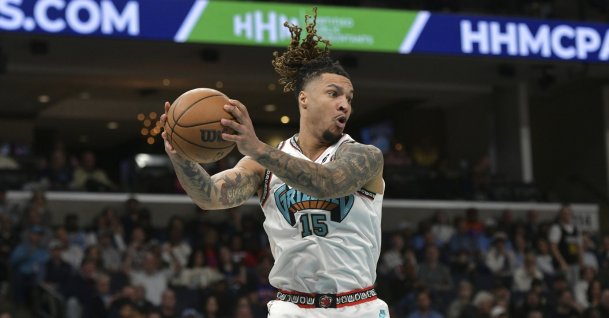 Memphis Grizzlies forward Brandon Clarke plays in the first half of an NBA basketball game against the New York Knicks, Memphis, U.S., Feb. 28, 2025. (AP Photo)