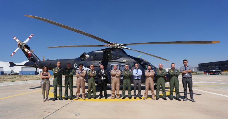 The crew is photographed in front of T-625 Gökbey helicopter, Ankara, Türkiye, Aug. 25, 2026. (DHA Photo)