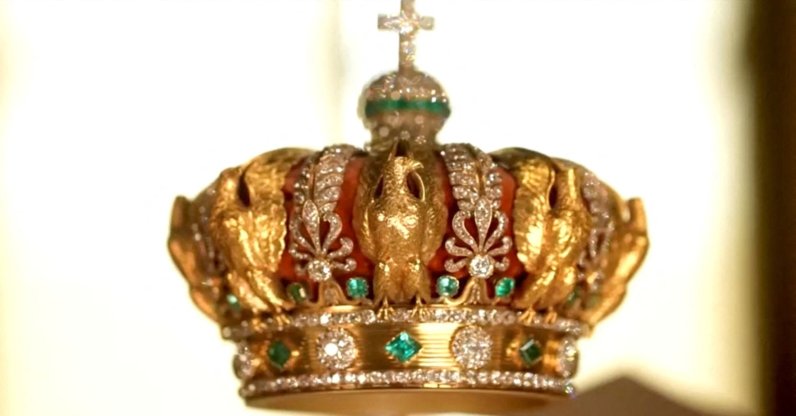 A crown worn by French Empress Eugenie, which was targeted by thieves during a heist at Paris' Louvre Museum on Oct. 19, 2025, but was dropped during their escape, is seen on display in this undated still frame from a video. (Reuters Photo)