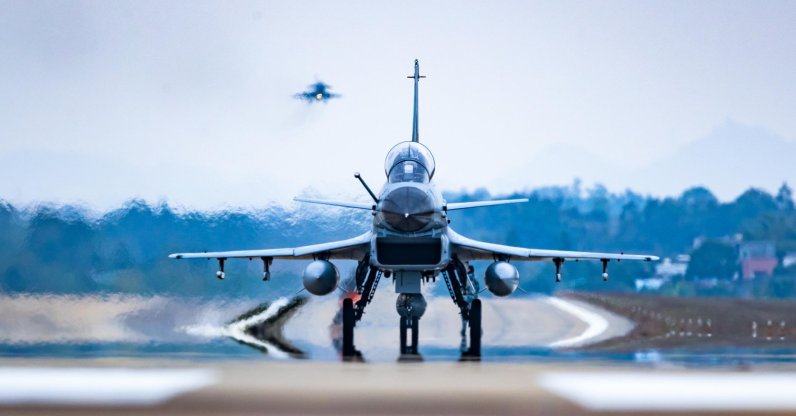 A J-10 series fighter jet prepares for take off in Chengdu, Sichuan Province, China, May 7, 2026. (Getty Images Photo)