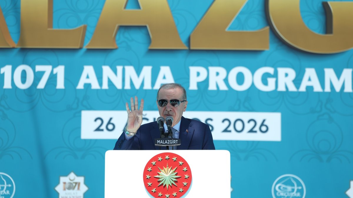 President Recep Tayyip Erdoğan delivers a speech during a ceremony marking the 955th anniversary of the Battle of Manzikert at the Malazgirt Battlefield National Historical Park, Muş, Türkiye, Aug. 26, 2026. (AA Photo)