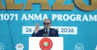 President Recep Tayyip Erdoğan delivers a speech during a ceremony marking the 955th anniversary of the Battle of Manzikert at the Malazgirt Battlefield National Historical Park, Muş, Türkiye, Aug. 26, 2026. (AA Photo)