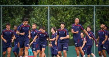 Trabzonspor players train ahead of the UEFA Europa League playoff match against Ferencvaros, Trabzon, Türkiye, Aug. 25, 2026. (AA Photo)