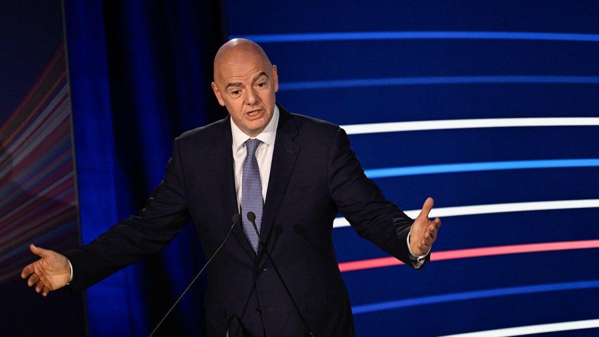 President of FIFA Gianni Infantino gestures as he delivers a speech during the 48th UEFA ordinary Congress held at the Maison de la Mutualite in Paris, Feb. 8, 2024. (AFP File Photo)
