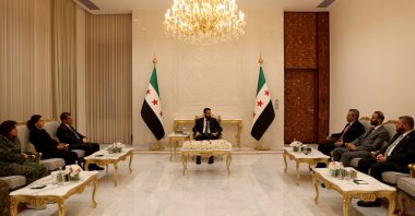Syrian President Ahmed al-Sharaa (C) receives Ferhat Abdi Şahin (3rd L), one of the ringleaders of the YPG group, Damascus, Syria, Aug. 25, 2026. (AA Photo)