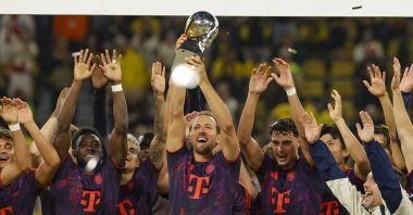 Bayern Munich players celebrate winning the German Supercup against Borussia Dortmund, in Dortmund, Germany, Aug. 22, 2026. (EPA Photo)