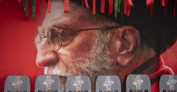 A banner depicting a portrait of Iran's late Supreme Leader Ayatollah Ali Khamenei is seen in downtown Tehran, Iran, Aug. 23, 2026. (Getty Images Photo)