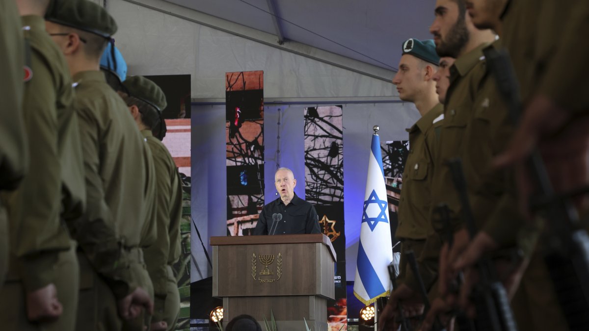 Israel's then-Defense Minister Yoav Gallant speaks during a ceremony, west Jerusalem, Israel, Oct. 27, 2024. (AP Photo)