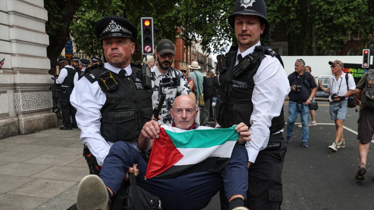 Supporters of the banned Palestine Action group take part in a “Graduation Day” protest organized by Defend Our Juries outside Westminster Magistrates’ Court in solidarity with people facing legal action for supporting the group, London, U.K., July 30, 2026. (AA Photo)