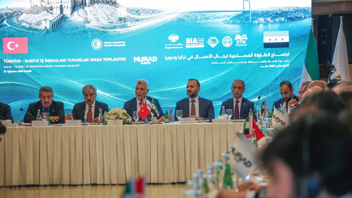 Trade Minister Ömer Bolat (C) speaks during a business meeting, Aleppo, Syria, Aug. 27, 2026. (AA Photo)