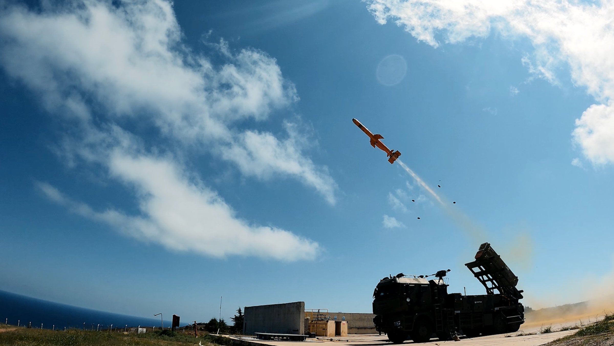 A Çakır cruise missile is fired from a mobile launcher in an undisclosed location. (Courtesy of Roketsan)
