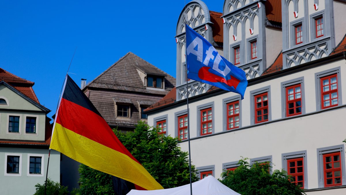 Flags fly during a campaign event by Ulrich Siegmund, lead candidate of the far-right Alternative for Germany (AfD), prior to state elections in Saxony-Anhalt, in Naumburg, Germany, Aug. 24, 2026. (EPA Photo)