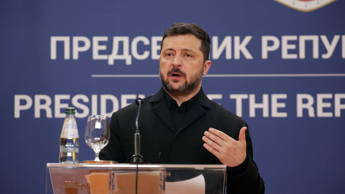 Ukrainian President Volodymyr Zelenskyy speaks during a press conference with Serbian President Aleksandar Vucic (not pictured) following their meeting in Belgrade, Serbia, Aug. 8, 2026. (EPA File Photo)