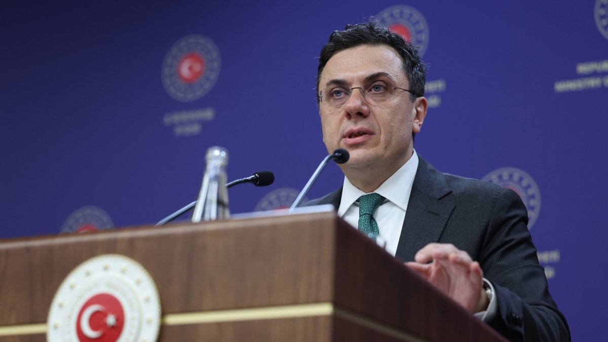 Foreign Ministry spokesman Öncü Keçeli is seen speaking to journalists at the ministry, Ankara, Türkiye, Feb.14, 2024. (AA File Photo)