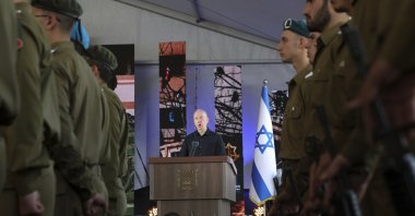 Israel's then-Defense Minister Yoav Gallant speaks during a ceremony, west Jerusalem, Israel, Oct. 27, 2024. (AP Photo)