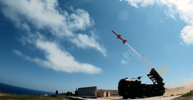 A Çakır cruise missile is fired from a mobile launcher in an undisclosed location. (Courtesy of Roketsan)