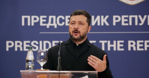 Ukrainian President Volodymyr Zelenskyy speaks during a press conference with Serbian President Aleksandar Vucic (not pictured) following their meeting in Belgrade, Serbia, Aug. 8, 2026. (EPA File Photo)