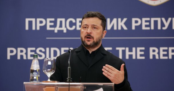 Ukrainian President Volodymyr Zelenskyy speaks during a press conference with Serbian President Aleksandar Vucic (not pictured) following their meeting in Belgrade, Serbia, Aug. 8, 2026. (EPA File Photo)