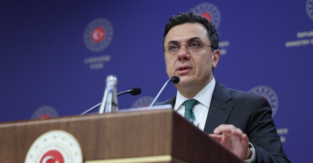 Foreign Ministry spokesman Öncü Keçeli is seen speaking to journalists at the ministry, Ankara, Türkiye, Feb.14, 2024. (AA File Photo)