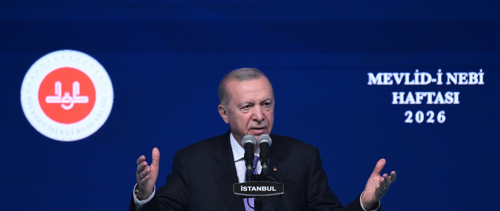 President Recep Tayyip Erdoğan speaks at the Mawlid al-Nabi Week event at Haliç Congress Center, Istanbul. Aug. 28, 2026. (AA Photo)