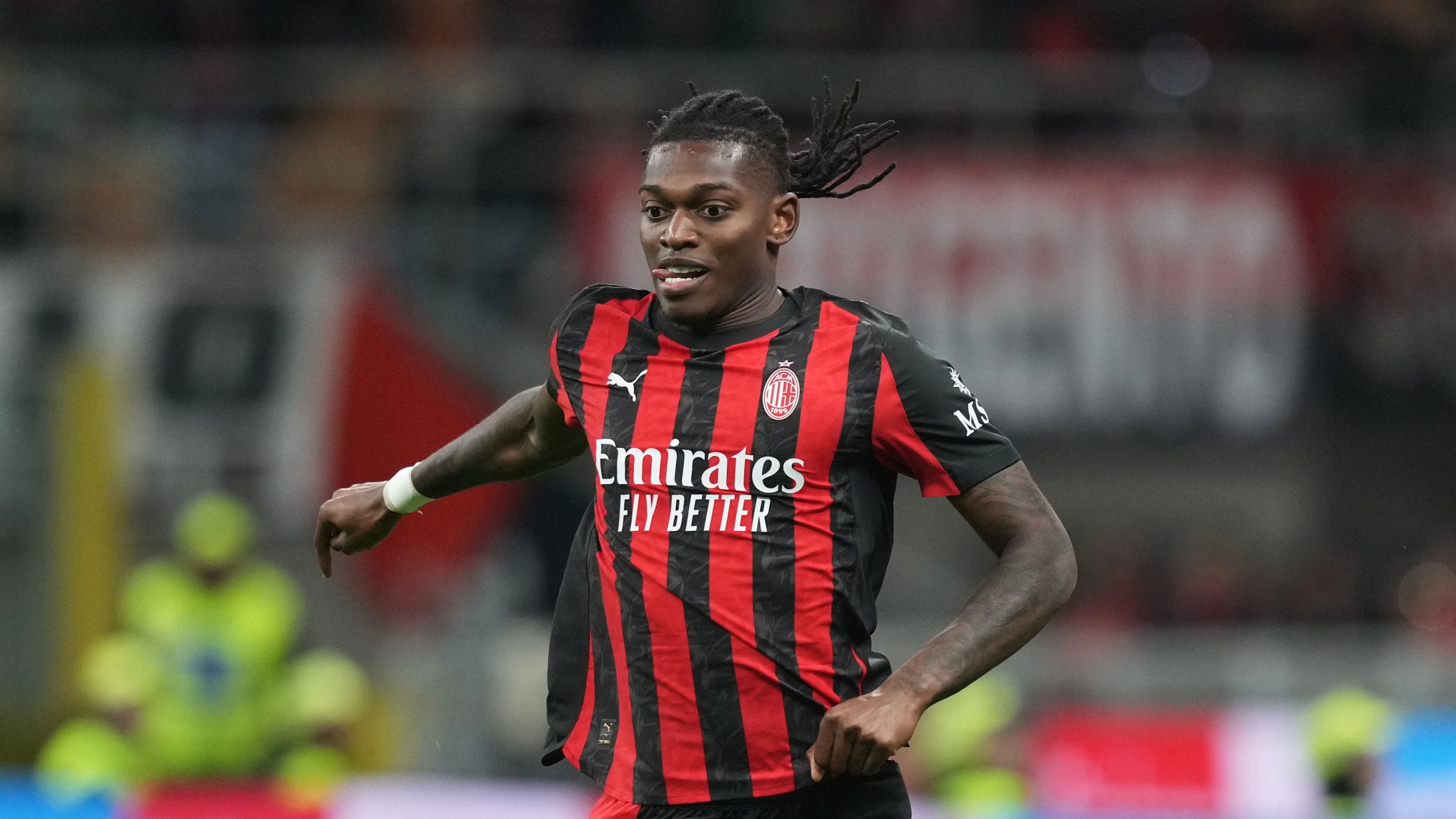 AC Milan's Rafael Leao controls the ball during the Serie A match between AC Milan and Pisa, Milan, Italy, Oct. 24, 2025. (AP Photo)