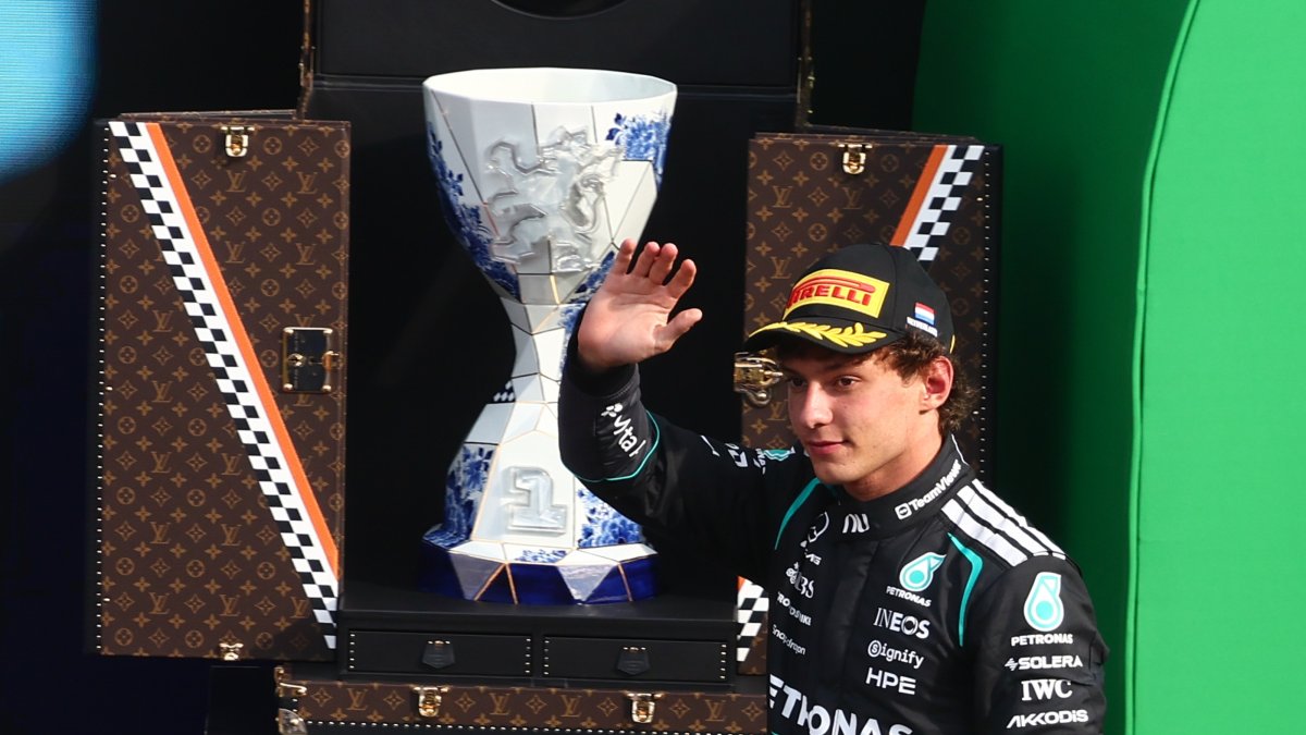 McLaren's British driver Lando Norris celebrates after winning the Formula One Dutch Grand Prix at the Circuit Zandvoort, Netherlands, Aug. 23, 2026. (AA Photo)