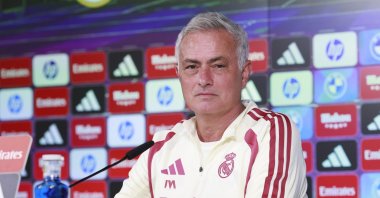 Real Madrid's head coach Jose Mourinho attends a press conference following a training session of the team, Valdebebas, Madrid, Spain, Aug. 29, 2026. (EPA Photo)