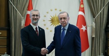 Ukrainian Ambassador Naryman Dzhelialov (L) shakes hands with President Recep Tayyip Erdoğan after submitting his credentials at the Presidential Complex, Ankara, Türkiye, July 8, 2025. (IHA Photo)