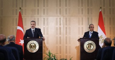 Turkish Foreign Minister Hakan Fidan (L) and Egyptian Foreign Minister Badr Abdelatty attend a press conference, El Alamein, Egypt, Aug. 13, 2026. (IHA Photo)