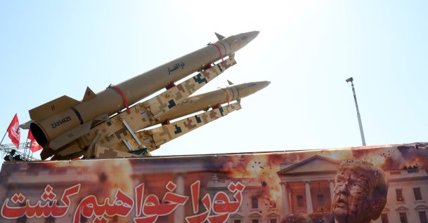 Iranian missiles 'Zolfaghar' are on display above a banner depicting US President Trump at Azadi Square, Tehran, Iran, July 30, 2026. (EPA Photo)