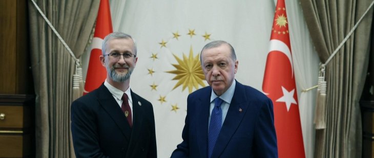 Ukrainian Ambassador Naryman Dzhelialov (L) shakes hands with President Recep Tayyip Erdoğan after submitting his credentials at the Presidential Complex, Ankara, Türkiye, July 8, 2025. (IHA Photo)