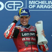 Ducati's Marc Marquez celebrates on the podium after winning Aragon MotoGP in Alcaniz, northeastern Spain, Aug. 30, 2026. (AFP Photo)