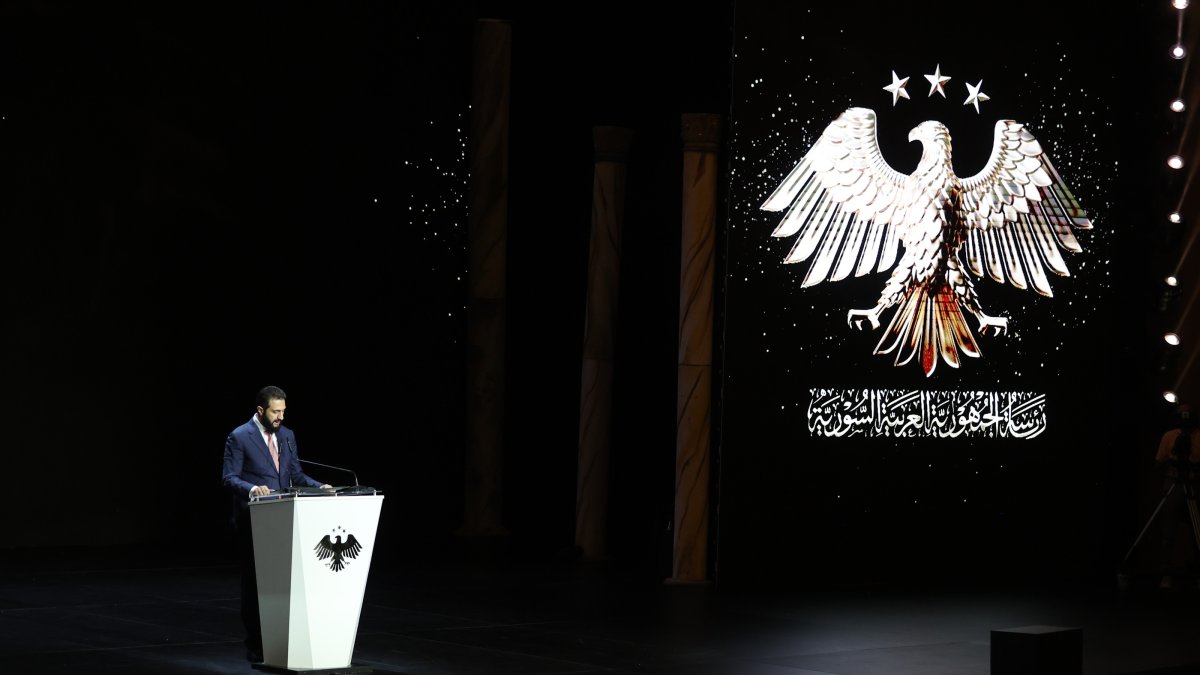 Syrian President Ahmed al-Sharaa delivers an opening speech at the 63rd Damascus International Fair, Damascus, Syria, Aug. 26, 2026. (AA Photo)