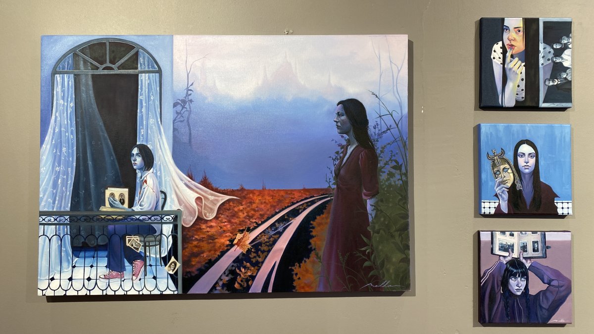 Works from the “7/7 - Seven Divided by Seven” exhibition are displayed on the walls at Artmahall Kabataş, Istanbul, Türkiye, Aug. 29, 2026. (Photo courtesy of Asu Yıldız Tekin)