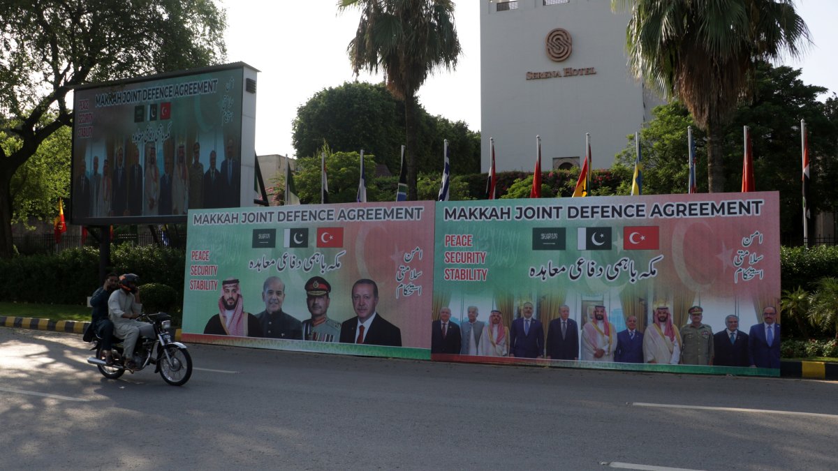 Billboards featuring Saudi Crown Prince Mohammed bin Salman, Pakistani Prime Minister Muhammad Shahbaz Sharif, President Recep Tayyip Erdoğan and Pakistan's Chief of Army Staff Asim Munir are displayed, Islamabad, Pakistan, Aug. 8, 2026. (EPA Photo)