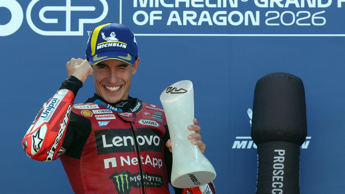 Ducati's Marc Marquez celebrates on the podium after winning Aragon MotoGP in Alcaniz, northeastern Spain, Aug. 30, 2026. (AFP Photo)