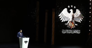 Syrian President Ahmed al-Sharaa delivers an opening speech at the 63rd Damascus International Fair, Damascus, Syria, Aug. 26, 2026. (AA Photo)