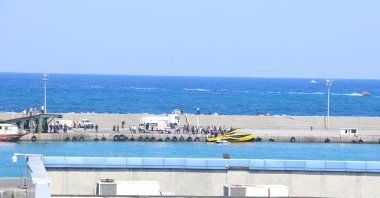Ambulances and emergency teams stand by near the Port of Girne following a ferry accident, Girne (Kyrenia), TRNC, Aug. 30, 2026. (AA Photo)