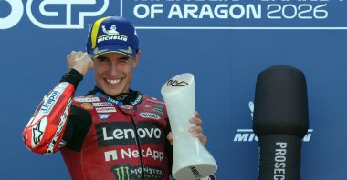 Ducati's Marc Marquez celebrates on the podium after winning Aragon MotoGP in Alcaniz, northeastern Spain, Aug. 30, 2026. (AFP Photo)