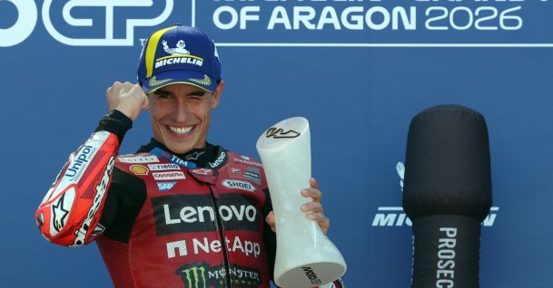 Ducati's Marc Marquez celebrates on the podium after winning Aragon MotoGP in Alcaniz, northeastern Spain, Aug. 30, 2026. (AFP Photo)