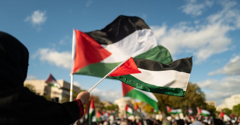 People waving Palestinian flags during a pro-Palestine march, Washington, U.S., Oct. 21, 2023. (Shutterstock Photo)