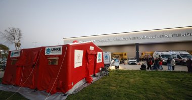 A crisis center and the National Medical Rescue Team (UMKE) emergency response unit are set up at Taşucu Port following the ferry disaster, Girne, TRNC, Aug. 30, 2026. (AA Photo)